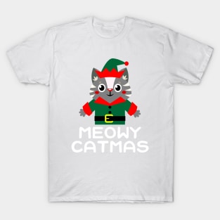 Meowy Catmas Cute Kawaii Cat Christmas Elf Santa's Little Helper T-Shirt